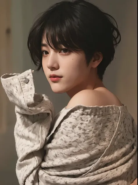 a close-up of a person in a sweater and towel, com cabelo curto, sui ishida com cabelo preto, jungkook BTS , por Tadashi Nakayama, Hwang se-é, Chiho, cantor coreano , com cara fofa - linda, sui ishida, lindo cantor sul coreano , jungkook BTS