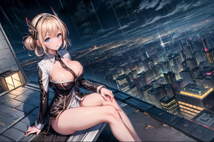 (8k, RAW photo, best quality, masterpiece:1.2),1girl,(sky striker ace raye),(cityscape),professional lighting, photon mapping, radiosity ,blue eyes,Blond hair, black headdress.Dark brown tie,(sitting on the roof of a building),(raining),stars,night,(cleava...