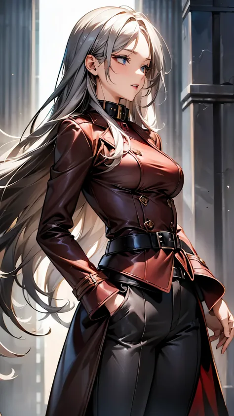 (mature woman１name), (gray hair, long hair:1.3), blue colored eyes, (medium breasts), (red leather long coat), belt, pants, office, masterpiece, high quality, 