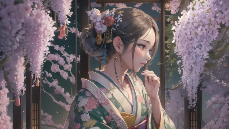 ((highest quality)),(ultra high resolution),(Super detailed),(detailed description),((best CG)),(best work of art),super precision art,amazing drawing art,(Japanese-inspired fantasy art with intricate detail:1.5), Quietly standing amongst the vast wisteria...