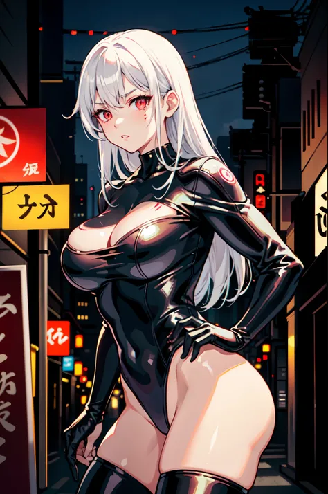 masterpiece, best quality, solo, solo focus, japanese yakuza mobster girl with a gymnast leotard, matching boots, white hair, glowing red eyes, face mask, bare legs, perfect anatomy, perfect proportions, uses bladed fans, facial scar, stylish, hdr, intrica...