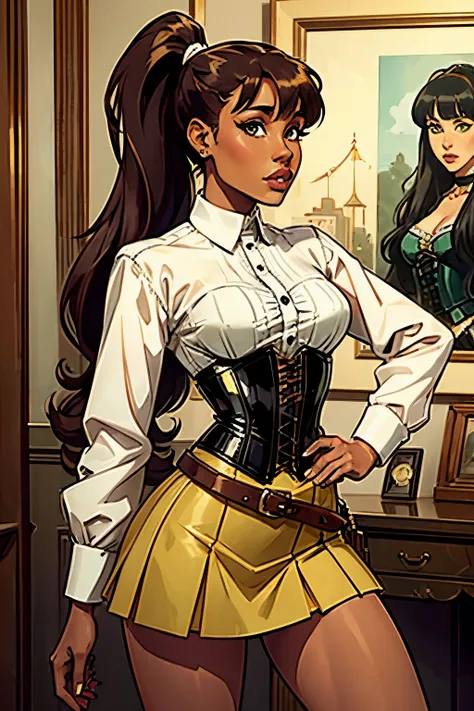 young Ariana Grande, bangs, hairpin, long_ponytail, dark_skin, yellow_buttoned_corset, green_skirt, leather_belt, retrato