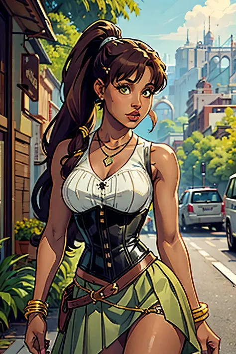 young Ariana Grande, bangs, hairpin, long_ponytail, dark_skin, yellow_corset, sleeveless, necklace, bracelets, green_skirt, leather_belt, retrato, outside, natural landscape