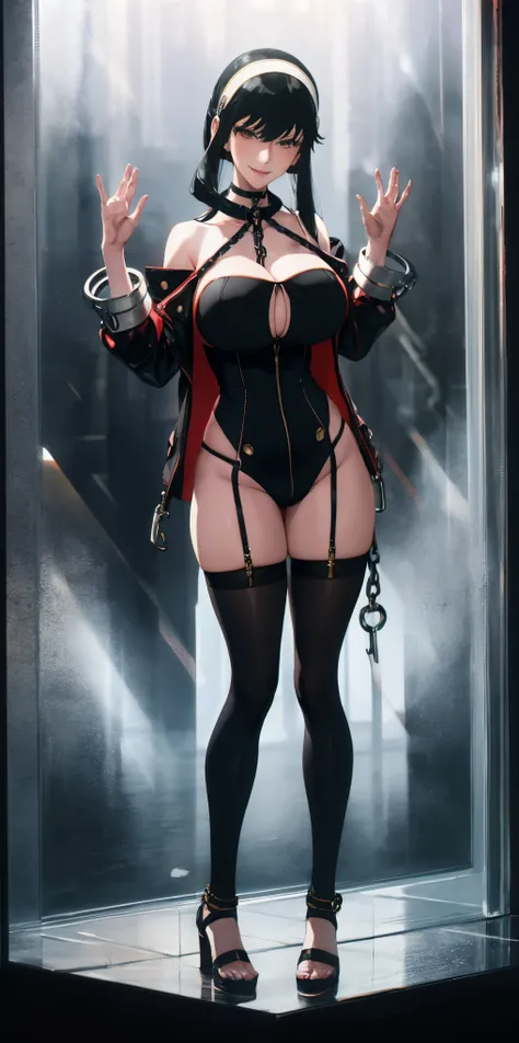 dark fantasy anime illustration of a (mature MILF BIMBO albino skin and short white hair), (FULL BODY) perfect face, wearing tight leather stealth armor, stalking, BIG KNOCKERS CLEAVAGE, lustful smirking smile red blush red cheeks, chain leash, kneeling, s...