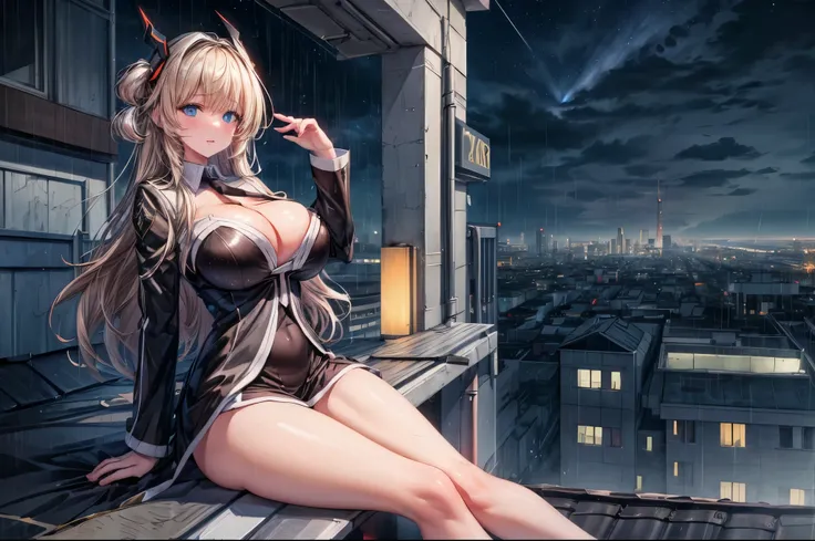 (8k, RAW photo, best quality, masterpiece:1.2),(1girl),(sky striker ace raye),(cityscape),professional lighting, photon mapping, radiosity ,blue eyes,Blond hair, black headdress.Dark brown tie,(sitting on the roof of a building),(raining),stars,night,(clea...