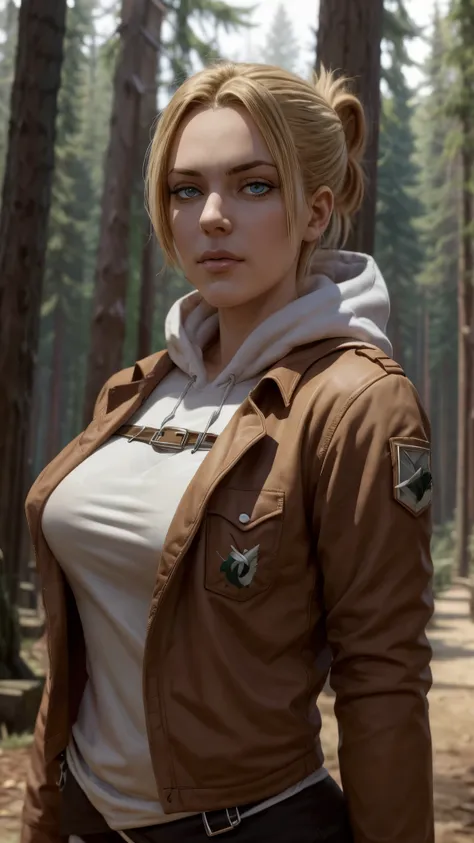 masterpiece, best quality, ultra-detailed, annie_leonhardt, 1girl, milf, mature face, thick, solo, long sleeves, jacket, open cl...