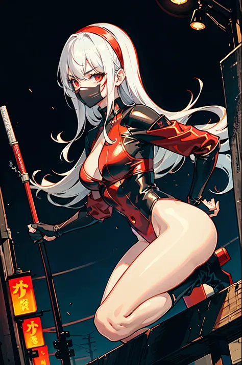 masterpiece, best quality, solo, solo focus, japanese yakuza mobster girl with a red gymnast leotard, matching boots, matching gloves, long hair, white hair, red hairband, glowing red eyes, face mask, bare legs, perfect anatomy, perfect proportions, uses b...