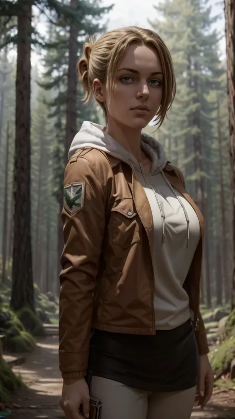 masterpiece, best quality, ultra-detailed, annie_leonhardt, 1girl, milf, mature face, thick, solo, long sleeves, jacket, open cl...