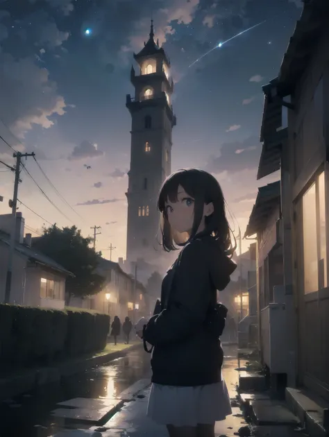 Girl looking up Scene 1: Twilight tower shadow The girl stands quietly against the sky, which is dyed an azure colour. Towering up in front of her is a huge structure called the Tower of Babel. Its form, which seems to pierce through the clouds, seems as i...