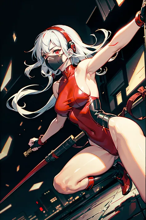 masterpiece, best quality, solo, solo focus, japanese yakuza mobster girl with a red gymnast leotard, matching boots, matching gloves, long hair, white hair, red hairband, glowing red eyes, face mask, bare legs, perfect hands, perfect anatomy, perfect prop...