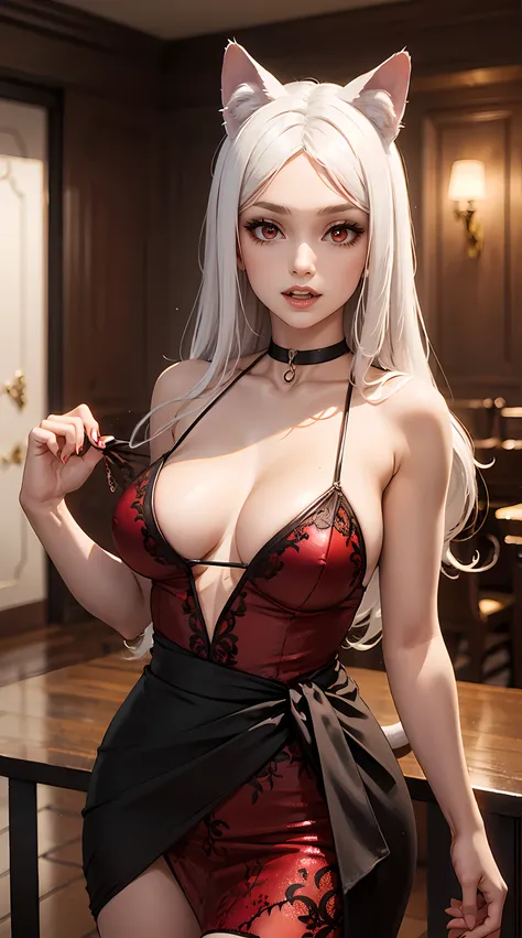 Happy and Beautiful looking white hair woman is shown to have a slender figure, cat ears, She is wearing a sexy red and black dress, jewelry, ruby red eyes, black choker, has fangs, black thin devil tail, Girl standing in a gala ballroom, sexy session, put...