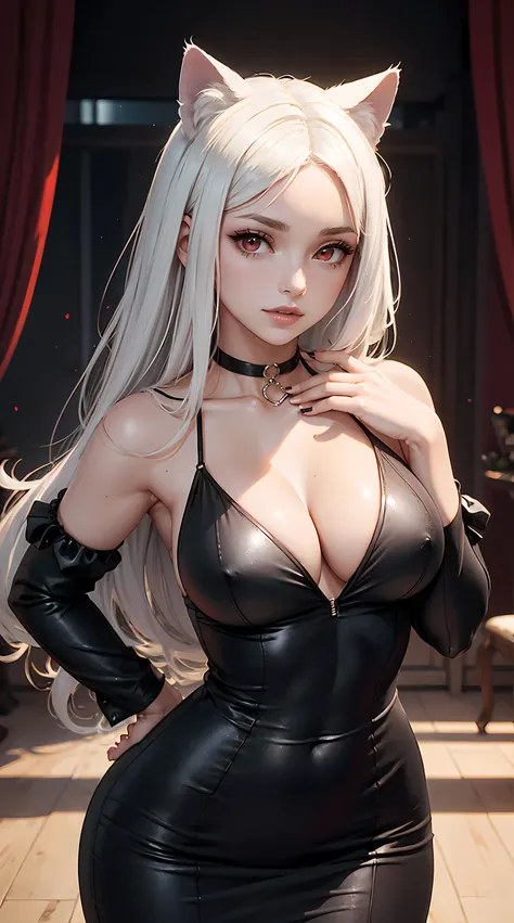 Happy and Beautiful looking white hair woman is shown to have a slender figure, cat ears, She is wearing a sexy black dress, jewelry, ruby red eyes, black choker, Girl standing in a gala ballroom, sexy session, putting her hands on her waist, poseing, expo...