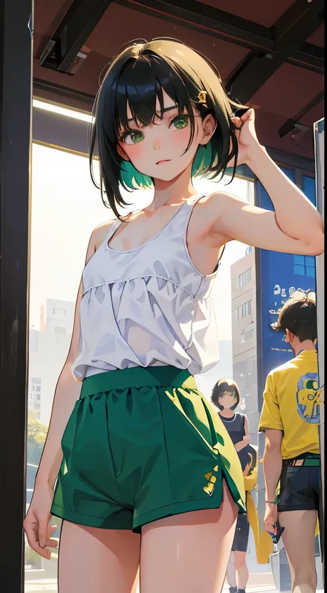 (short cute girl，small young student，young delicate girl）,（masterpiece，Top quality)，Tank top，Green shorts，short sleeve，long black hair，sleepy