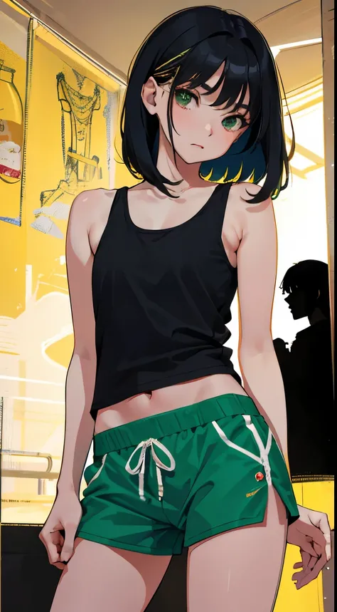 (short cute girl，small young student，young delicate girl）,（masterpiece，Top quality)，Tank top，Green shorts，short sleeve，long black hair，sleepy