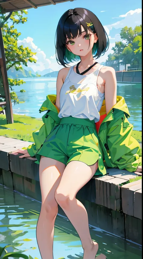 (short cute girl，small young student，young delicate girl）,（masterpiece，Top quality)，Tank top，light green shorts，short sleeve，long black hair，sleepy