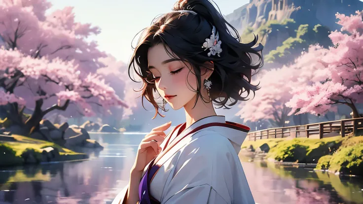 Goddess, eyes closed, white clothes, main color is purple, Japanese garden, cherry blossoms, bob perm black hair