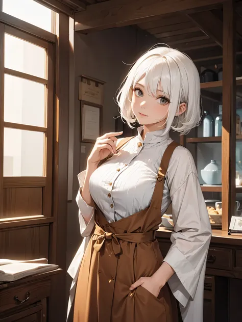 A mature girl, white hair, wearing brown costume