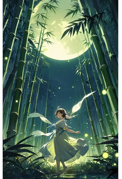 Silent night, quiet bamboo forest, bamboo leaves falling with the wind, full moon in the sky, fireflies flying