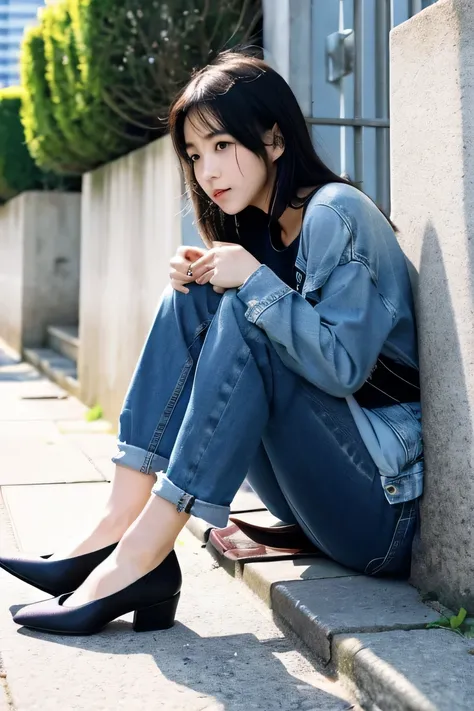 [high quality, 最high quality], (cinematic), From the side, 1 girl, alone, sitting, black hair、Burausu、skinny denim、hanging shoes, no socks, high heels, shoes removed, (bloom, HDR), (Depth of the bounds written)
