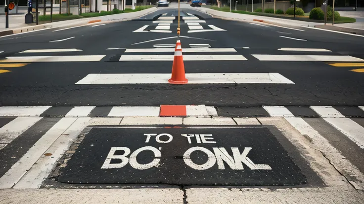 realistic pedestrian crossing ground and the phrase "one day I will be back near you" written on the floor