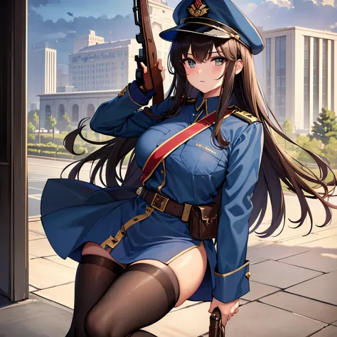 ({{highres}},masterpiece,ultradetailed,bestquality,8k,welldrawn eyes)1girl, solo, large breasts, large thighs, dark brown hair, long hair, dark brown eyes, dark blue soviet military uniform, blue cap, standing guard, government building entrance, thigh hig...