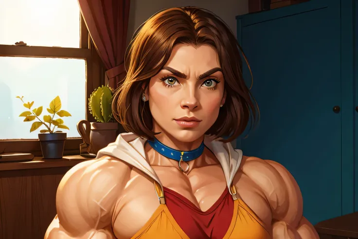 muscle woman with brunette hair, woman with huge muscles, mature woman, stern expression, green eyes