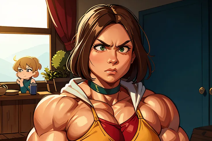 muscle woman with brunette hair, woman with huge muscles, mature woman, stern expression, green eyes