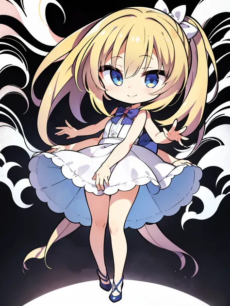 (1girl,8 years old,small),blonde hair,long hair,white dress, sleeveless, bow tie, bare shoulders,smile,full body,extra arms,four arms,chibi,full body,(white background)