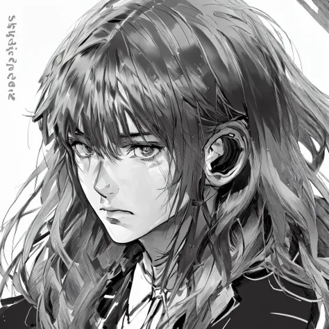 DBfantasyart style, masterpiece, 1boy, a beautiful portrait of a long haired male, manhwa, highly detailed, 8K resolution, black and white suit, cute face, lovely, cute, wide shoulders, big chest, serious, headphones, glasses, leather jacket