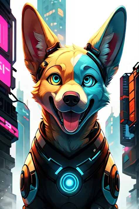 ((best quality)), ((masterpiece)), (detailed),Labrador Retriever, happy, dog, cyborg, white background, cyberpunk style, blue robotic eye, tongue, in front, medium ears 