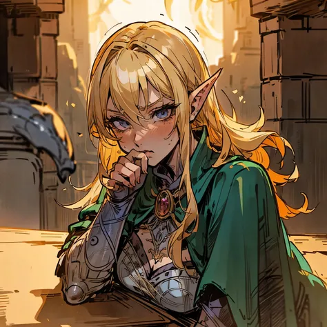 POV: drinking together in tavern, Blond haired tsundere elf, Hunter, confident, assertive, genre: dark fantasy, adventurer, Pov: Chasing you[Close up, detailed, detailed face, detailed body] (Background: inside a dark Tavern, dark lighting)