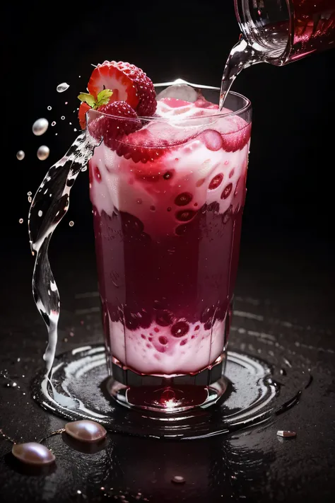 berry drink glass, swirl, splashes, waves, close-up, masterpeace, fluid, flora, glowing colors, pearl, magic