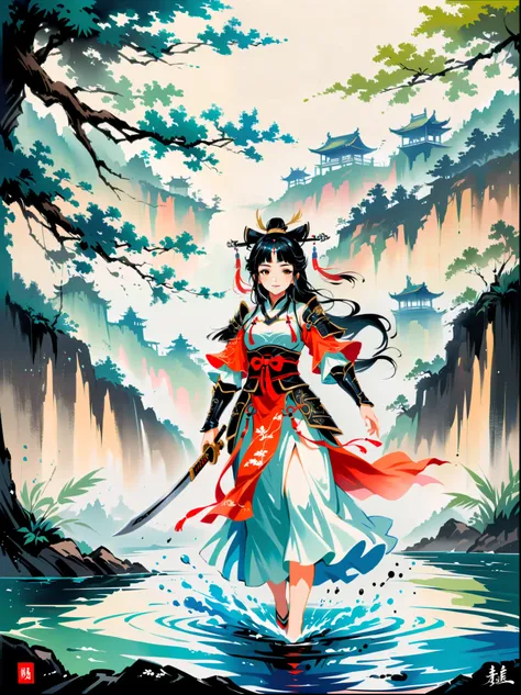 Ink painting，Female knight on the water，Wearing exquisite Chinese Tang Dynasty Ming Guang armor，A bamboo forest behind，sword，landscape，Ultra HD resolution，Freehand style，majestic，Natural light，Knight Focus