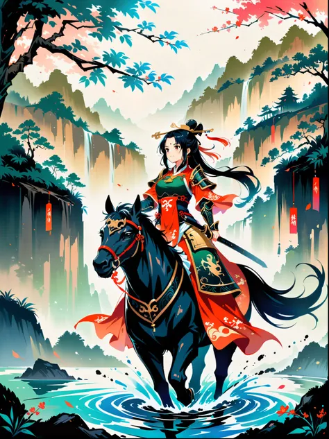 Ink painting，Female knight on the water，Wearing exquisite Chinese Tang Dynasty Ming Guang armor，A bamboo forest behind，sword，landscape，Ultra HD resolution，Freehand style，majestic，Natural light，Knight Focus