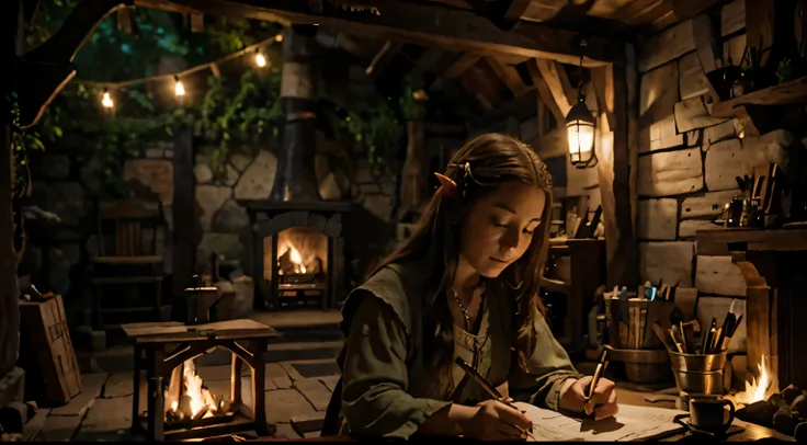 a hobbit tavern, hobbit medieval elf girl writting in a old paper, fireplce back