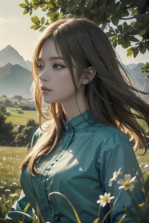 In a green meadow is a girl who leads a group of knights. BREAK With a brave expression, guides them to their destination. BREAK Behind her, A green forest extends and beyond that, Mountains rise in the distance. BREAK The most suitable effect for this sce...