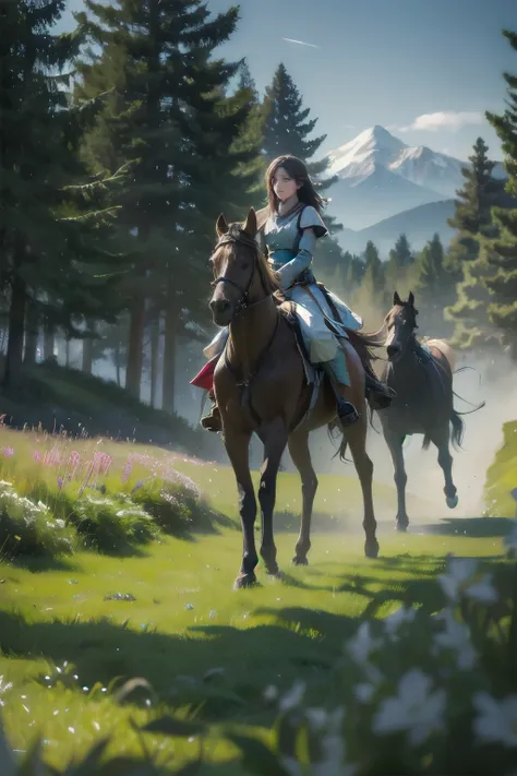 In a green meadow is a girl who leads a group of knights. BREAK With a brave expression, guides them to their destination. BREAK Behind her, A green forest extends and beyond that, Mountains rise in the distance. BREAK The most suitable effect for this sce...