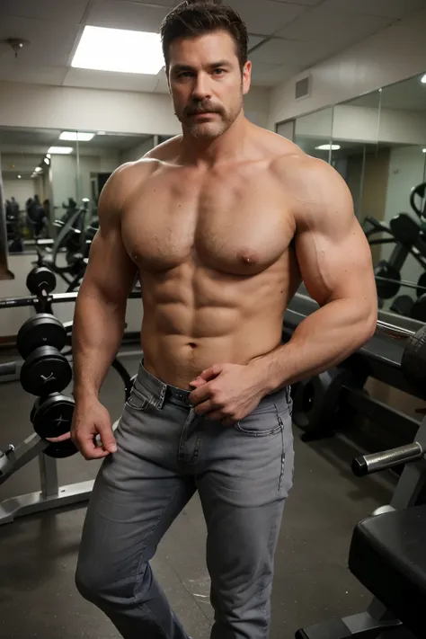 realistic photo of  muscular and masculine man, 40 years old, full body, mustache,  detailed face. In the gym.  tigth gray jeans .