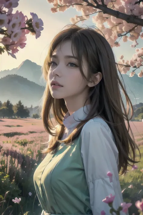 In a green meadow is a girl who leads a group of knights. BREAK With a brave expression, guides them to their destination. BREAK Behind her, A green forest extends and beyond that, Mountains rise in the distance. BREAK The most suitable effect for this sce...