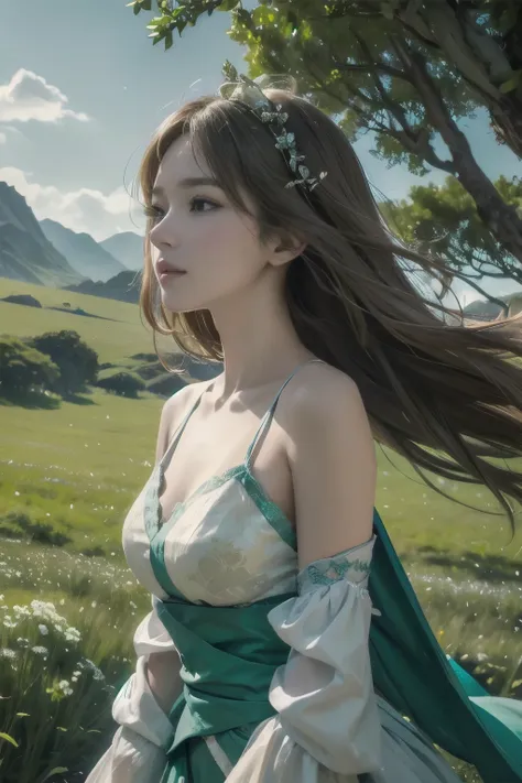 In a green meadow is a girl who leads a group of knights. BREAK With a brave expression, guides them to their destination. BREAK Behind her, A green forest extends and beyond that, Mountains rise in the distance. BREAK The most suitable effect for this sce...