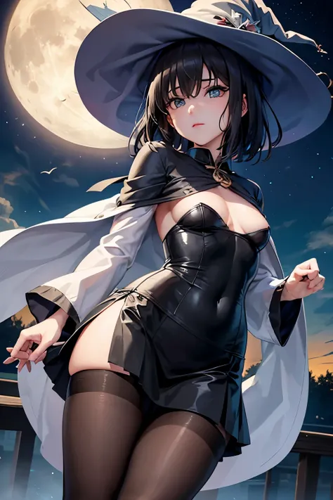 Fubuki, witch&#39;s clothes,pantyhose、Photo from below、full moon、medium chest、bootini skirt