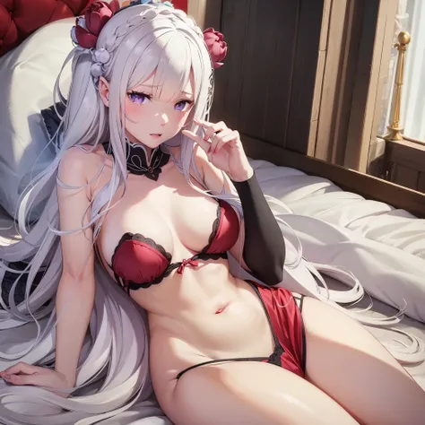 Emilia re:zero, purple eyes, Emilia, crown braid, x hair ornament, flower hair ornament, white hair, long hair, medium breasts, lying on a red bed in sexy position with sexxy clothes style drawing hentai 4k