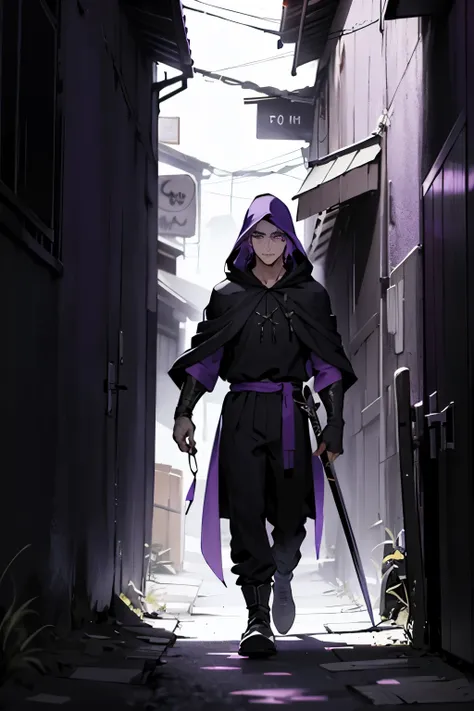 1 guy , purple eyes, purple hair, , black outfit with a cloak and a hood on his head, walking inside a dark alley with two long swords