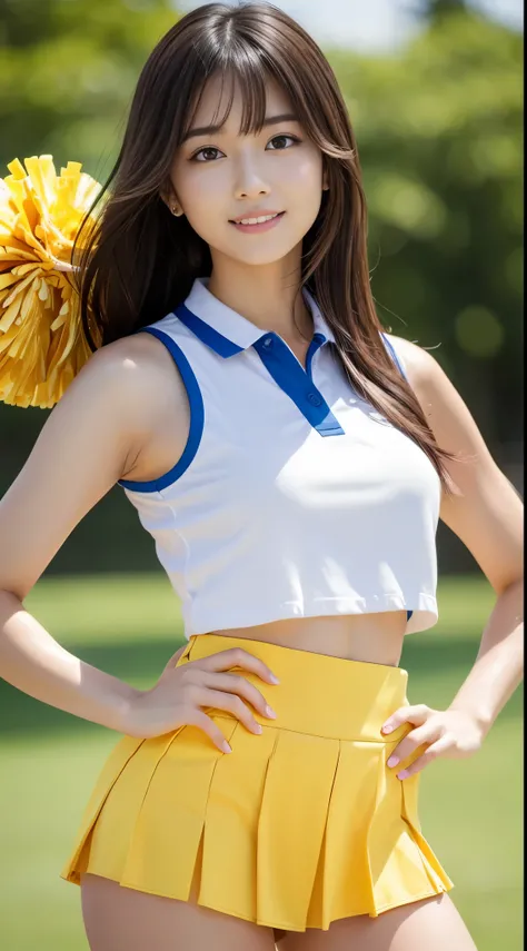 Best-quality, Masterpiece, Ultra-High-Resolution, (Photorealistic:1.4), Raw-Photo, 1girl, the most famous Japanese actress, wearing yellow sleeveless-cheerleading-uniform and yellow pleated-miniskirt, (extremely beautiful face like the most popular Japanes...