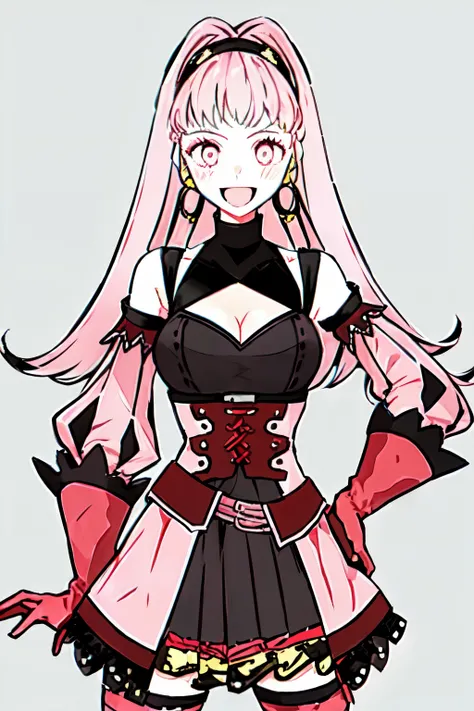 hilda valentine goneril, fire emblem, 1girl, axe, belt, black dress, black hairband, breasts, cleavage, corset, detached sleeves, dress, earrings, gloves, grey background, hairband, hand on hip, holding, holding axe, holding weapon, hoop earrings, jewelry,...