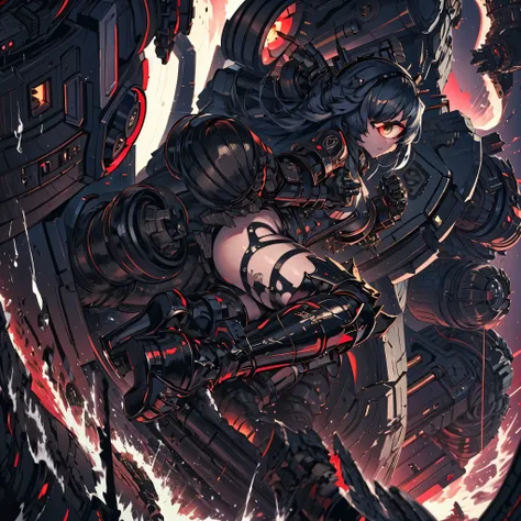 a girl crawling on top of a battleship. cyclops girl. a turret baring her fangs. latex body suit. abyssal fleet. tentacles wrapp...