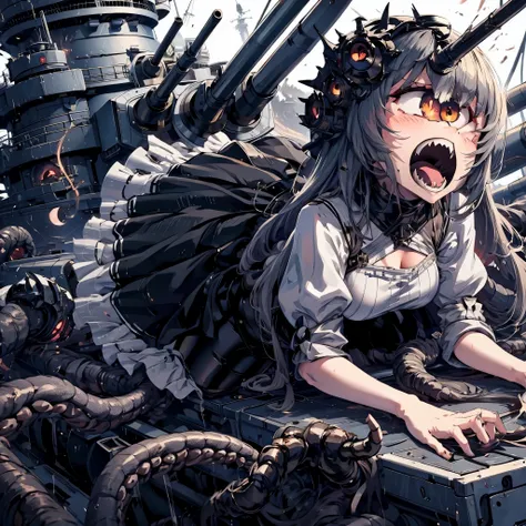 a girl crawling on top of a battleship. cyclops girl. a turret baring her fangs. latex body suit. abyssal fleet. tentacles wrapp...