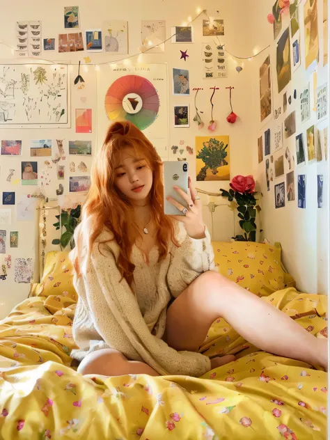 change face to that of park jimin. arafed woman sitting on a bed with a cell phone in her hand, in her room, posing in a bedroom...