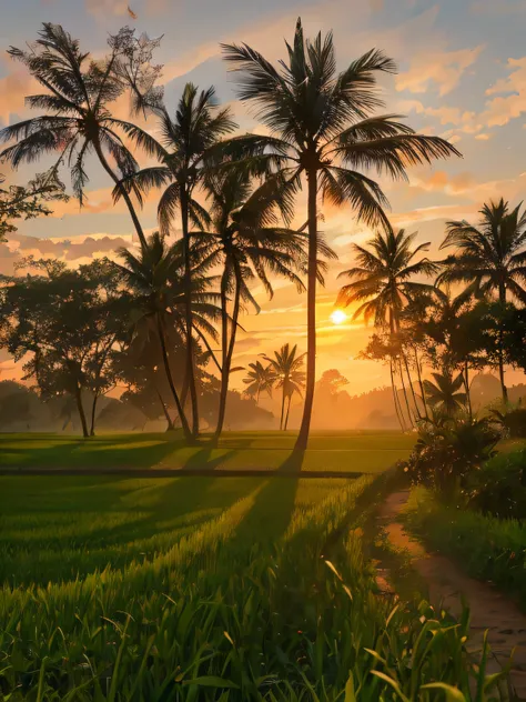 arafed view of a field with palm trees and a sunset, at sunrise, early morning, early morning sunrise, morning sunrise, at dawn,...