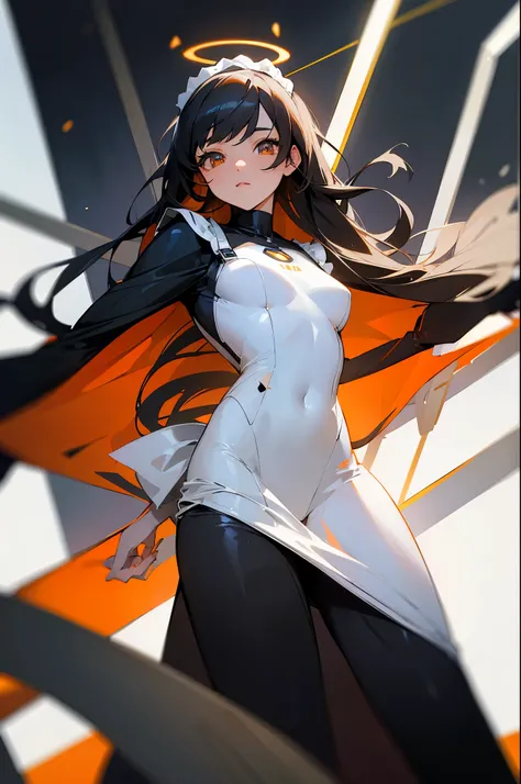 (masterpiece), best quality, detailed eyes, hazel eyes, white skinned, black hair, halo, black + white + mild orange clothing, body suit, long hair, maid dress